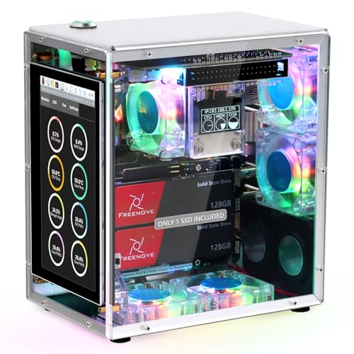 Freenove Raspberry Pi 5 Case Kit Pro (with 1x 128GB SSD), Dual M.2 NVMe SSD Slots, 5 PWM ARGB Fans Light Sync, CPU Tower Cooler, 4.3