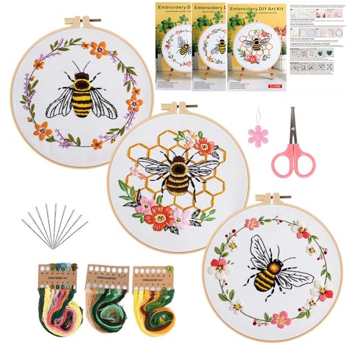 Konrisa Embroidery Kits for Adults Beginner, European Style Bees Collect Honey Stamped Embroidery Starter Kit,DIY Sewing Practice, Needlepoint Cross Stitch Kit,Set of 3
