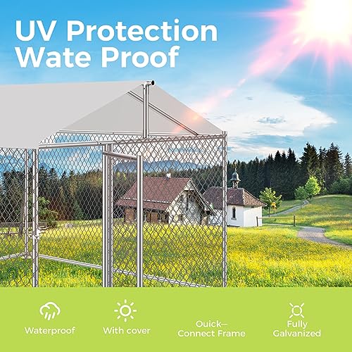 1.26\" Large Metal Dog Kennel for Yard with Cover, Dog Pen with Waterproof and Anti-Ultraviolet Cover, Dog Coop Run, Dog Crates for Outdoor Backyard Farm Use (6.56\'L X 6.56\'W X 5.24\'H)