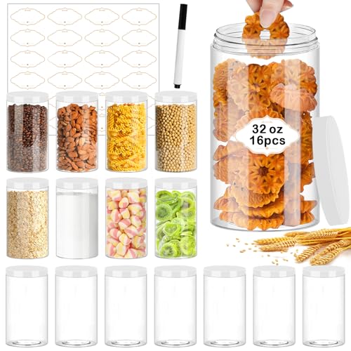 PeacePeo 32 OZ Plastic Jars,16 Pcs Clear Plastic Jars with White Lids Round Empty Storage Jar Wide Mouth Refillable Storage Container with Lids for Household and Kitchen Food Organizing