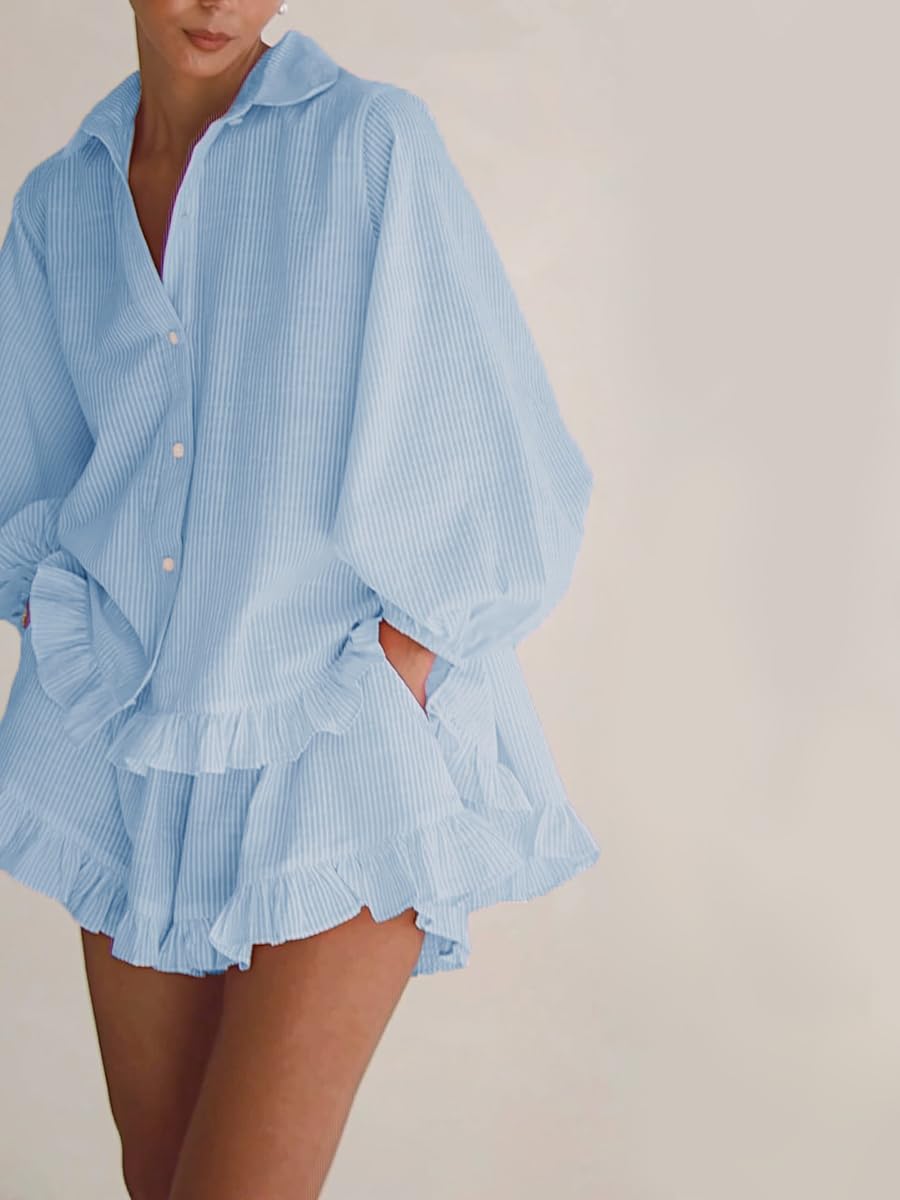 Womens 2 Piece Outfits Ruffle Trim Long Sleeve Button Down Shirt and Shorts Casual Striped Lounge Sets - Image 2