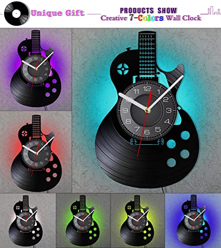 Qianzhou-Uk Guitar Led Vinyl Record Wall Clock Gifts For Holiday,7 Kinds Color Night Light Music Gifts Wall Clock Home Decor For Living Room,Bedroom,Man Cave Music Room Decor (B-Led) #TOP2