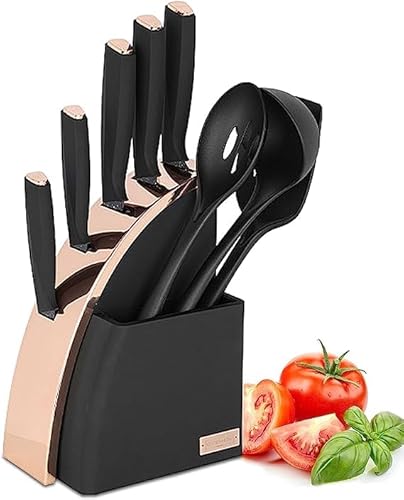 Kitchen Knife Set, 9-Pieces Sharp Stainless Steel Chef Knife Set with Block for Kitchen, Knife Block Set with Silicone Cooking Utensils, Slotted Spoon, Deep Soup Ladle, Slotted Turner (Black Gold)