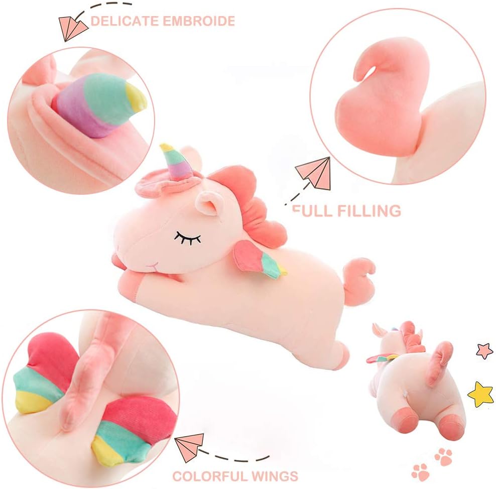 AIXINI Plush Unicorn Stuffed Animal Pillows Toy, 17.72 Inch Cute Soft Pink Unicorn Plushie with Rainbow Wings