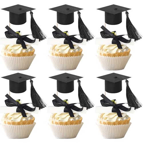 24 PCS 2026 Graduation Cap Cupcake Toppers with Tassel Class of 2026 Diploma Congrats Grad Cap Cupcake Picks Mini Caps Graduation Party Cake Decorations for 2026 Graduated Party Supplies Black