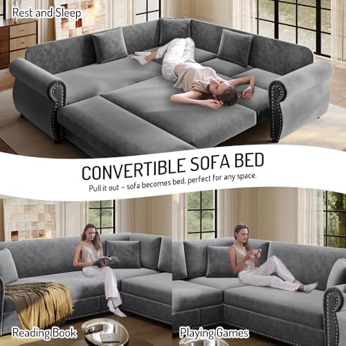 Image of KCGKCG 88.2 inch Chenille Sleeper Sofa Bed, Sectional Couches for Living Room /Apartment, L Shaped Couch with Pull Out Couch Bed, Convertible Sectional Sofa with Rolled Arm & Nailhead Trim, Light Grey