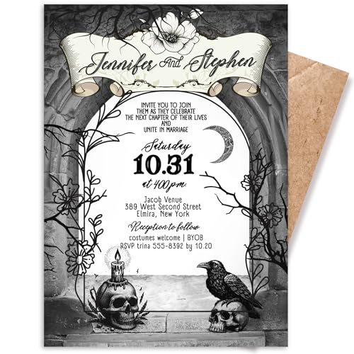 Gothic Custom Halloween Wedding Invitations, Black and White Skull Invitation