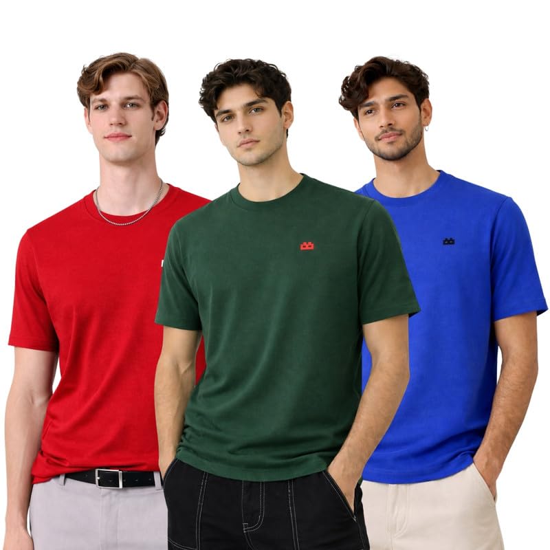 Image of Men 100% Cotton Regular Fit Round Neck Half Sleeve Solid T-Shirt Combo Pack of 3 | 180 GSM Double Bio-Washed | Breathable Soft Touch Everyday Wear | Maroon + Royal Blue Accent