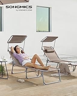 SONGMICS Lettino Prendisole, Sedia a Sdraio Pieghevole, 193 x 53 x 29 cm, Max Portata 150 kg, con Poggiatesta Parasole e Schienale Reclinabile, per Terrazzo Piscina Giardino, Tortora GCB192K01