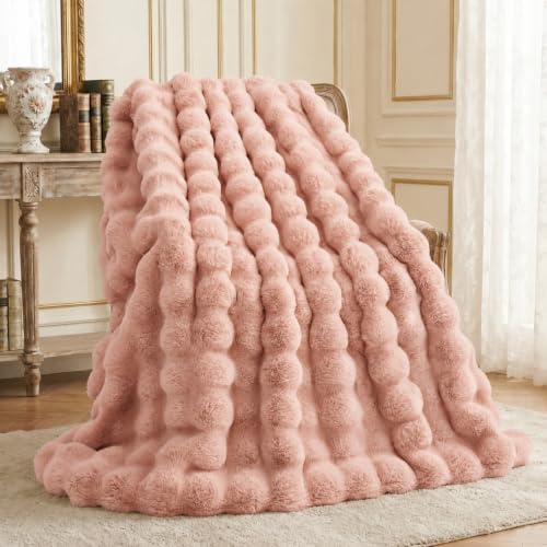 L'AGRATY Faux Rabbit Fur Throw Blanket for Couch, 60''x80'' Lotus Root Pink