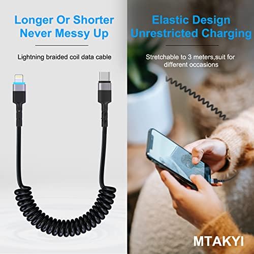 Spiral USB Cable, USB C to Lightning Cable [MFi Certified] Apple CarPlay Retractable Cable Data Sync Charging Cable Spiral Cable Car Charger for iPhone 13/12/11/XS/XS Max/XR/X/8/Pad/Pod