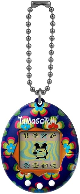 Tamagotchi 42888NBNP, oryginalny, styl retro z kwiatami, karmieniem, pielęgnacja, wirtualne zwierzę domowe z łańcuszkiem do zabawy w podróży