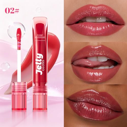 Image of WanTuoluo Jelly Lip Gloss, Soft Lip Tint, Instantly creates a Sheer Glass-like Shine, Cool Blue Red Rose Mocha Bean Chocolate Brown Colors, Smoothing, Moisturizing, Plump and Hydrated (B02)