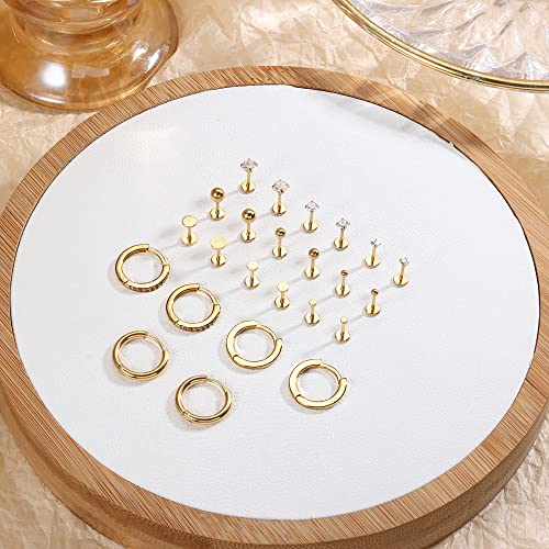 Ironbox 12 Pairs Tiny Stud Hoop Earring 18K Gold Plated Stainless Steel Earring Sets For Multiple Piercing Small Threadless Flat Back Earrings Cartilage Hoop Earrings #TOP4