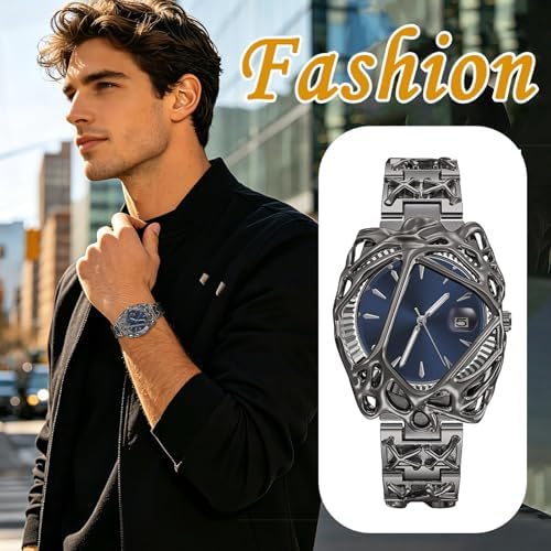 JewelryWe Men Punk Y2K Black Watch Green Dial Quartz Date Removable Strap - 3