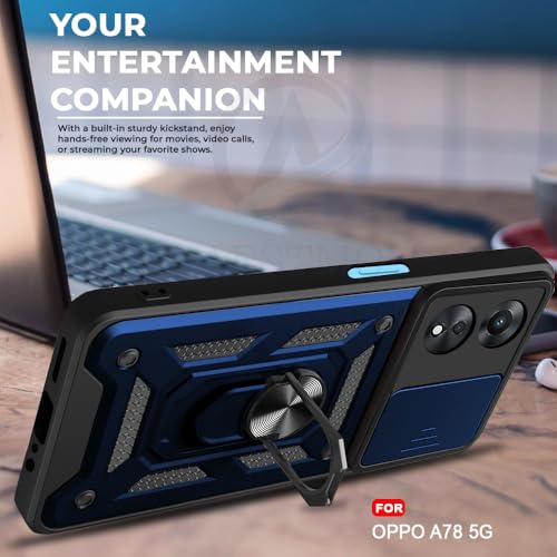 Image of AESTMO Polycarbonate Tough Armor Oppo A78 5G Bumper Back Case Cover | Ring Holder & Sliding Camera Shield Cover | 360 Degree Protection Back Case Cover for Oppo A78 5G (Blue)