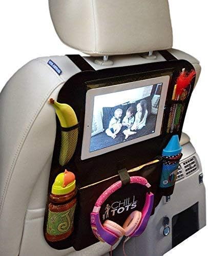 Chill Tots - Back Seat Car Organiser with 10.1" iPad Tablet Holder Touch Screen Kids Kick Mat Seat Protector Cover Universal Fit Multi Pockets Children’s Storage - Black
