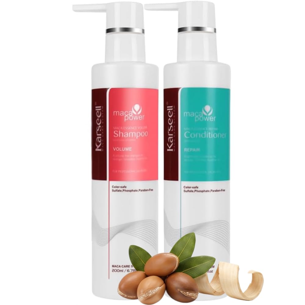 Karseell MACA CARE SYSTEM Coffret Shampooing Volumisant + Après-Shampooing Réparateur Huile d’Argan Panthénol Volume Réparation Hydratation Cheveux Fins Secs Abîmés Sans Sulfates ni Parabènes 200ml x2