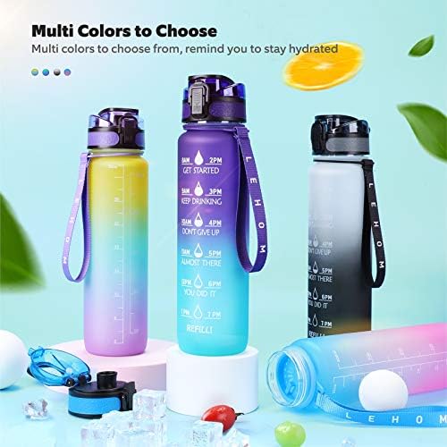 LEHOM Sports Water Bottle, 1 Litre Motivational Water Bottle with Time Markings, Reusable BPA Free Leakproof Drinks Bottle with Filter & Cleaning Brush One Click Open for Kids, Adults, Gym, Cycling