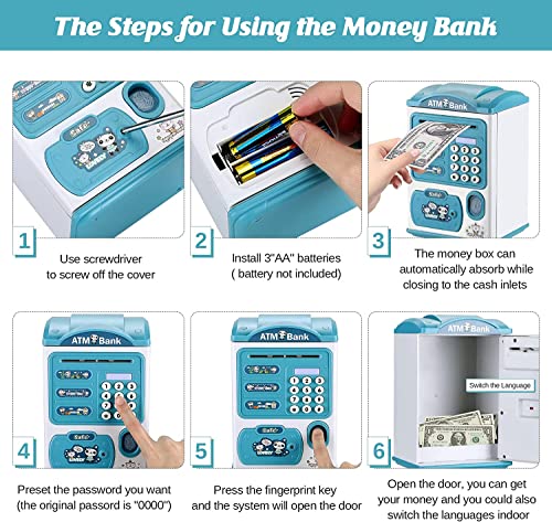 Image of Electric ATM Piggy Bank for Kids with Password Protection and Finger Sensor, Auto Roll Money Notes - Blue, Modern