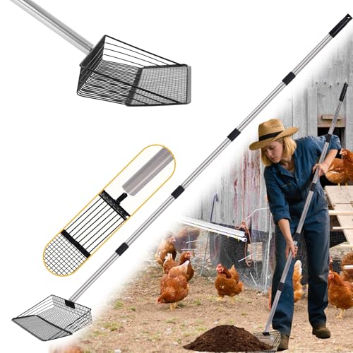 Image of 10 Inch Chicken Coop Poop Scoop, Metal Litter Shovel with 22-77 inch Adjustable Stainless-Steel Handle, Screw-Connected Design, Wide Sifting Scoop for Sand and Fine Shavings, Poultry Coop Cleaning Tool
