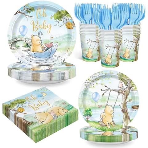 120pcs Winnie Plates Baby Shower Pooh Napkins Classic Bear Baby Shower Decorations Paper Cups Forks Oh Baby Disposable Tableware Set Newborn Kids Dessert Plates Baby Shower Decorations for 24 Guests Cover