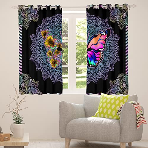 Hippie Butterfly Blackout Curtains Bohemian Paisley Mandala Curtains & Drapes Tie Dyed Moth Curtains 104Wx96L Boho Animal Living Room Curtains Multicolor Sunflower Window Curtains For Girls Bedroom #TOP2