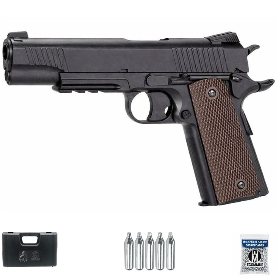 Pistola KWC 1911 M45A1 CO2 (4,5mm) | Pack Pistola de balines (perdigones Bolas de Acero BB's). Arma de Aire comprimido CO2 Calibre 4,5mm [3 Julios]