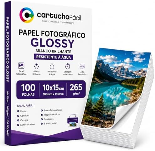 Papel Fotográfico Glossy 10x15 265g Branco Brilhante Resistente Á...