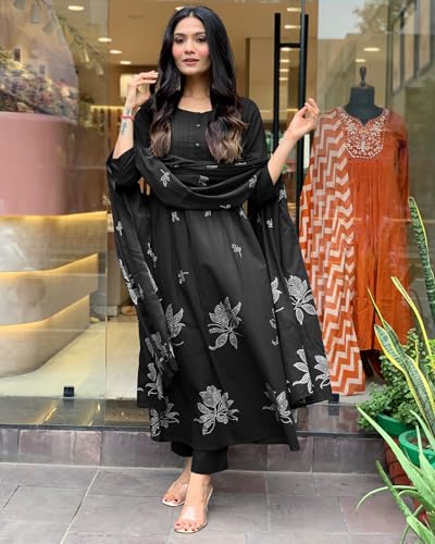 Image of GoSriKi Women's Rayon Blend Anarkali Printed Kurta with Pant & Dupatta | Ethnic Kurta Pant Dupatta Set for Women | Traditional Indian Wear Outfit