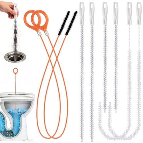 8 Pack Drain Snake Hair Drain Clog Remover, 32' Sink Snake (2pcs), 18/24/28 Inch Shower Drain Cleaner (6pcs), Drain Cleaning Brush for Toilet, Shower, Bathroom Tub, Kitchen Sink, Sewer