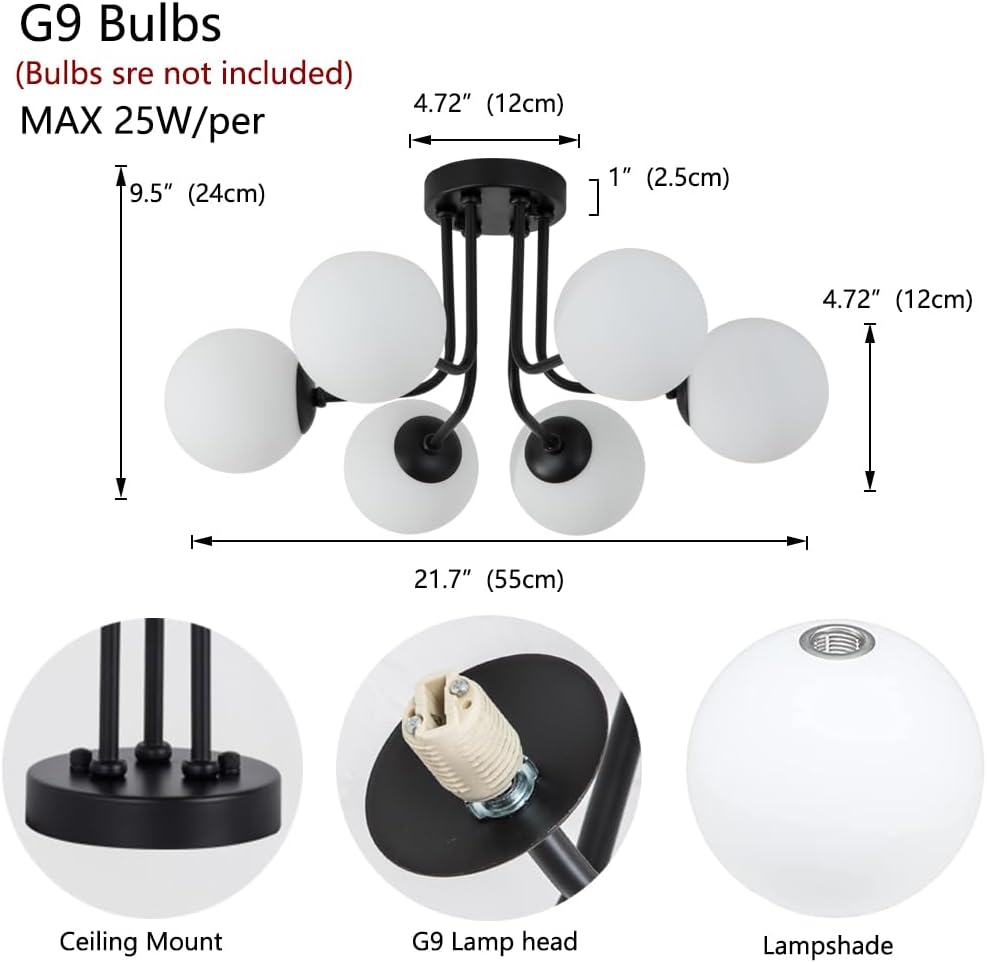 modern semi flush mount ceiling light,black white glass shade semi ceiling light 6-light,sputnik chandeliers for bedroom living room hallway dining room lighting fixture black 6-light