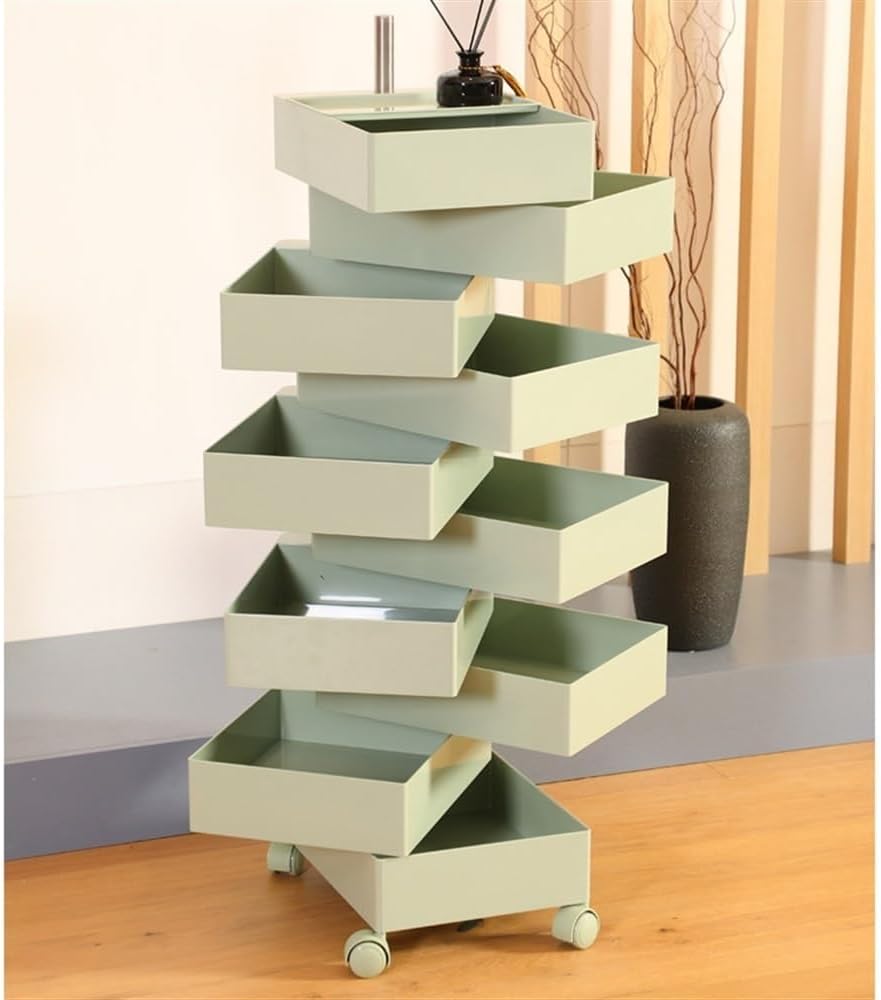 Storage Cart Multi-Layer Movable, 360 Degree Rotating Cabinet, Cosmetic Cart with Drawers, Bedside Table Rolling with Drawers(White,Ten Layer)