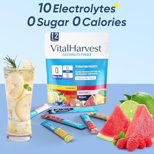 Image of 12 Sticks Electrolytes Powder Packets 6 Flavors Sugar Free Hydration Packets Electrolyte Liquid Daily IV Drink Mix with Lemon Lime, Watermelon, Orange, Raspberry, White Peach, Blueberry