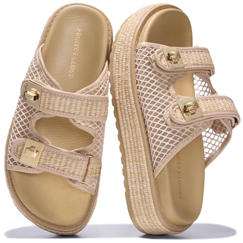 Project Cloud Genuine Raffia Platform Sandals Women - Memory Foam Insole Slides Women with Adjustable Buckle - Non Slip and Lightweight Womens Sandals 2026 (Havana RAFFIA 10)