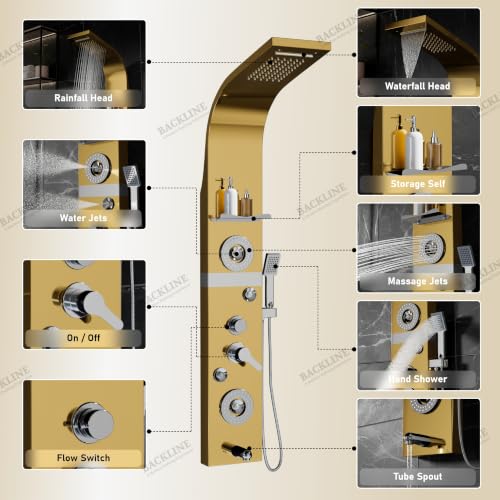 Image of Backline shower panel | 7 In 1 Shower System 304 Grade Stainless Steel | Shower With Storage Shelf, LED Rainfall Shower,Hot & Cold Adjustable,Massage Spray,Hand Shower & Water Spout
