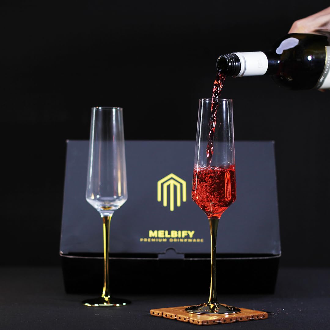 Melbify Gold Stem Champagne Glass | Set of 2 | 300 ml | Imported Wine Glasses | Luxury Wine Glass Set | Fancy Designer Wine Glasses | Unique Gift Pack 1