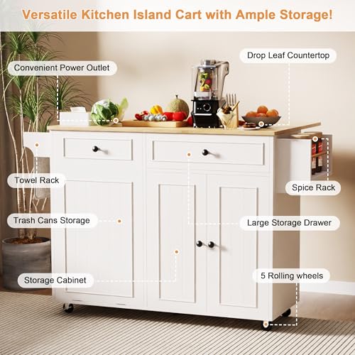 MEETFAV Modern Kitchen Island Cart with Power Outlet & Drop Leaf, Rolling Storage Island Table with Concealed Trash Bin Holder, Mobile Breakfast Bar with Drawer, Adjustable Shelf and Spice Rack - image 2