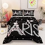 Namoxpa Paris Eiffel Tower Theme Comforter Set, 3D Black Pink Pattern for Kids Teens Adults,Decorative Bedding Comforter Sets with 2 Pillow Shams, Queen Size
