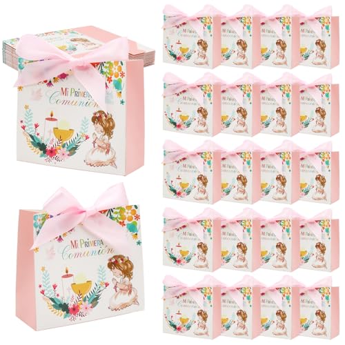 Imagen de BORISCA 22pcs Rosa Bolsa Regalo Comunion Niña Detalles Comunion para Niños para los Invitados Bolsas Cajas Regalo con Cinta Rosa de Comunión que se Puede Rellenar para Velas o Galletas de Chocolate