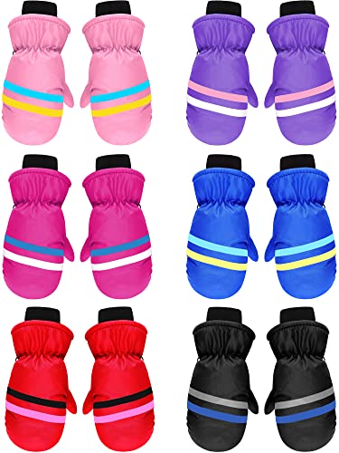 Image of SATINIOR 6 Pairs Kids Snow Mittens | Waterproof, Toddler Children Winter Gloves, Warm Cold Weather Ski MIttens, Cotton Plush Lining, Hook Design