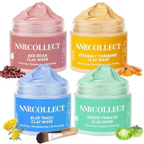 ANRCOLLECT Juego de 4 mascarillas de arcilla para el cuidado facial, judías rojas, vitaminas, tomates verdes y manzanilla, 100 ml