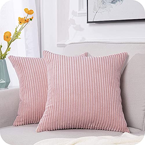 Topfinel Funda cojin Almohada Decorativa Suave Cuadrado Corduroy Pana a Rayas Caso de la Cubierta para Sofá Silla Cama Sala de Estar Dormitorio 50x50cm Rosa Claro 2 Piezas