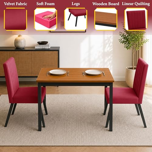 Image of Rosebell Set of 2 Dining Table Chairs with Wooden Top Table, Upholstered Cushioned Chairs, Modern Compact Dining Set for Home, Kitchen & Dining Room (Red)