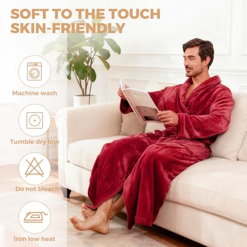 Image of FashGudim Mens Robes Big and Tall Full Length Plush Fleece Long Robe for Men Bathrobe Shawl Collar Warm Winter House Robes