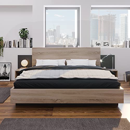Sapgaks Lit 160x200 avec Sommier et 2 Tables de Chevet, Lit Coffre 160x200 avec Tete en Chêne, Double avec à Lattes 2 Personnes, Cadre de Bois (sans Matelas)