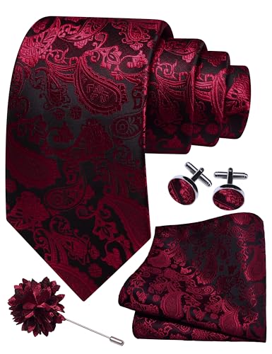 GUSLESON Wine Red Tie for Wedding Mens Silk Paisley Burgundy Necktie Pocket Square Cufflinks and Lapel Pin Brooch Set (6105-36)