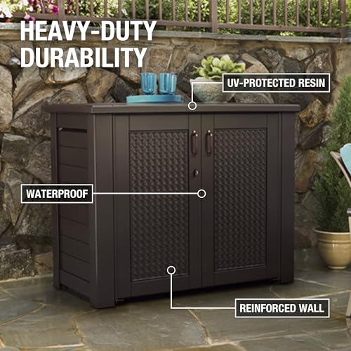 Image of Rubbermaid Decorative Outdoor Storage Cabinet (123 Gal), Weather Resistant, Brown, Organization for Home /Backyard /Pool Chemicals /Toys /Garden Tools /Porch /Patio Cushions