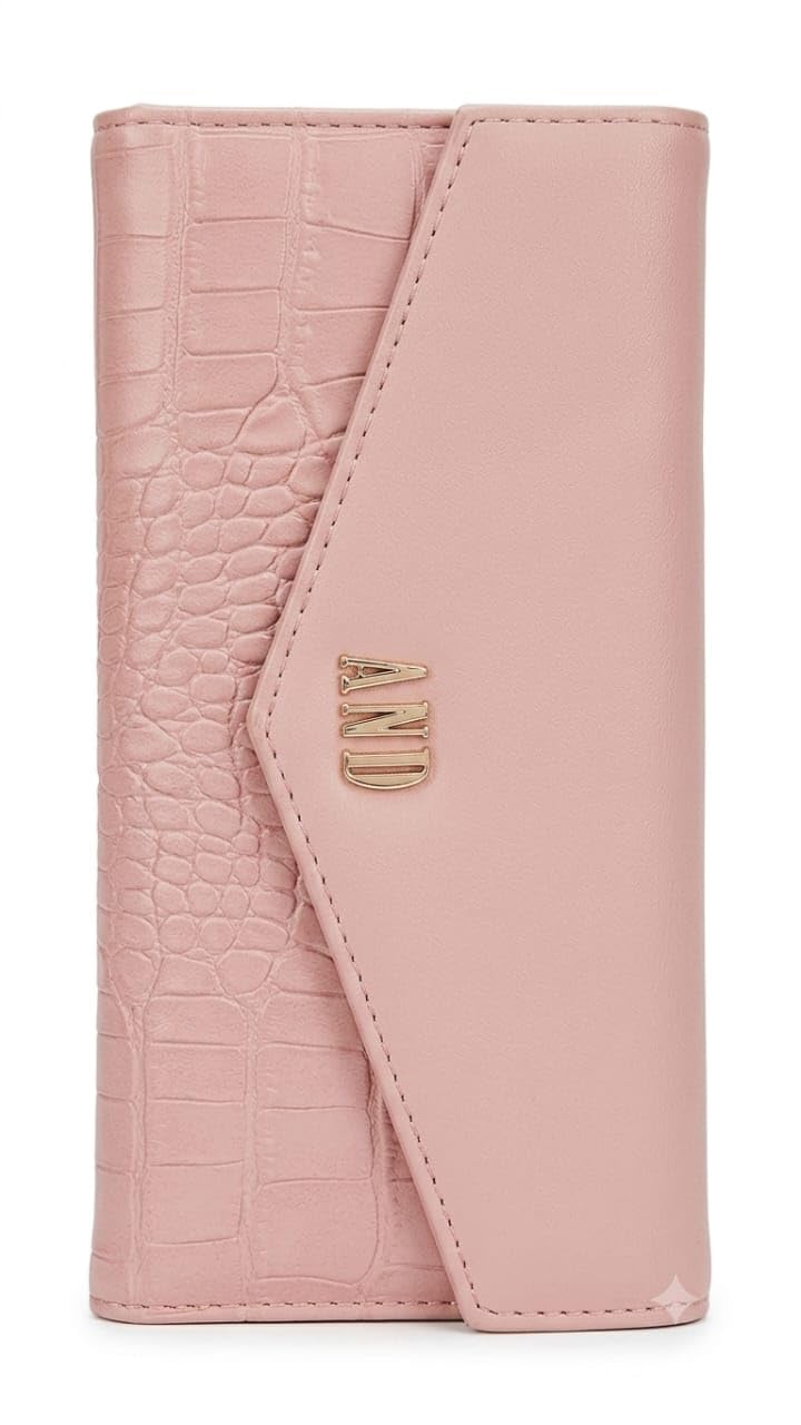 Women's Premium Crocodile Pattern Long Wallet, PU Leather, Pink, Tri-Fold Clutch with Snap Closure, Multi Card Slots, Cash and Mobile Holder-image-0