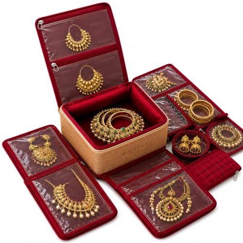 Image of Women's 15 Pieces Combo Marriage Bridal Jewellery Organiser Jewellery Box, Storage Bag, Vanity Box for Bridal Jewelry, Bangles, Necklaces, Earrings & Accessories